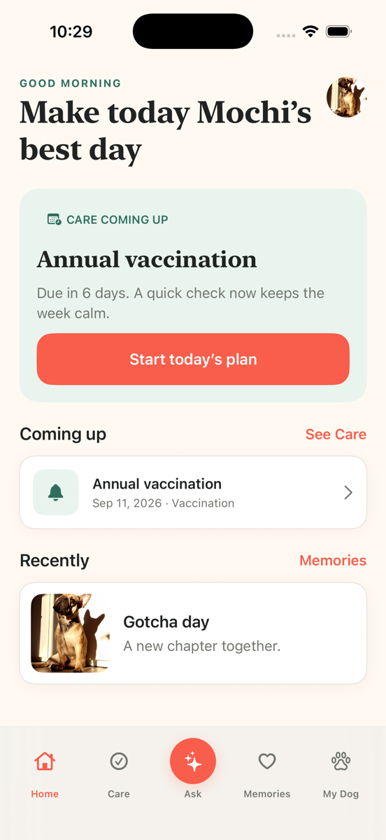 The BuddyKin home screen showing today's guidance, an upcoming vaccination reminder and a recent memory.